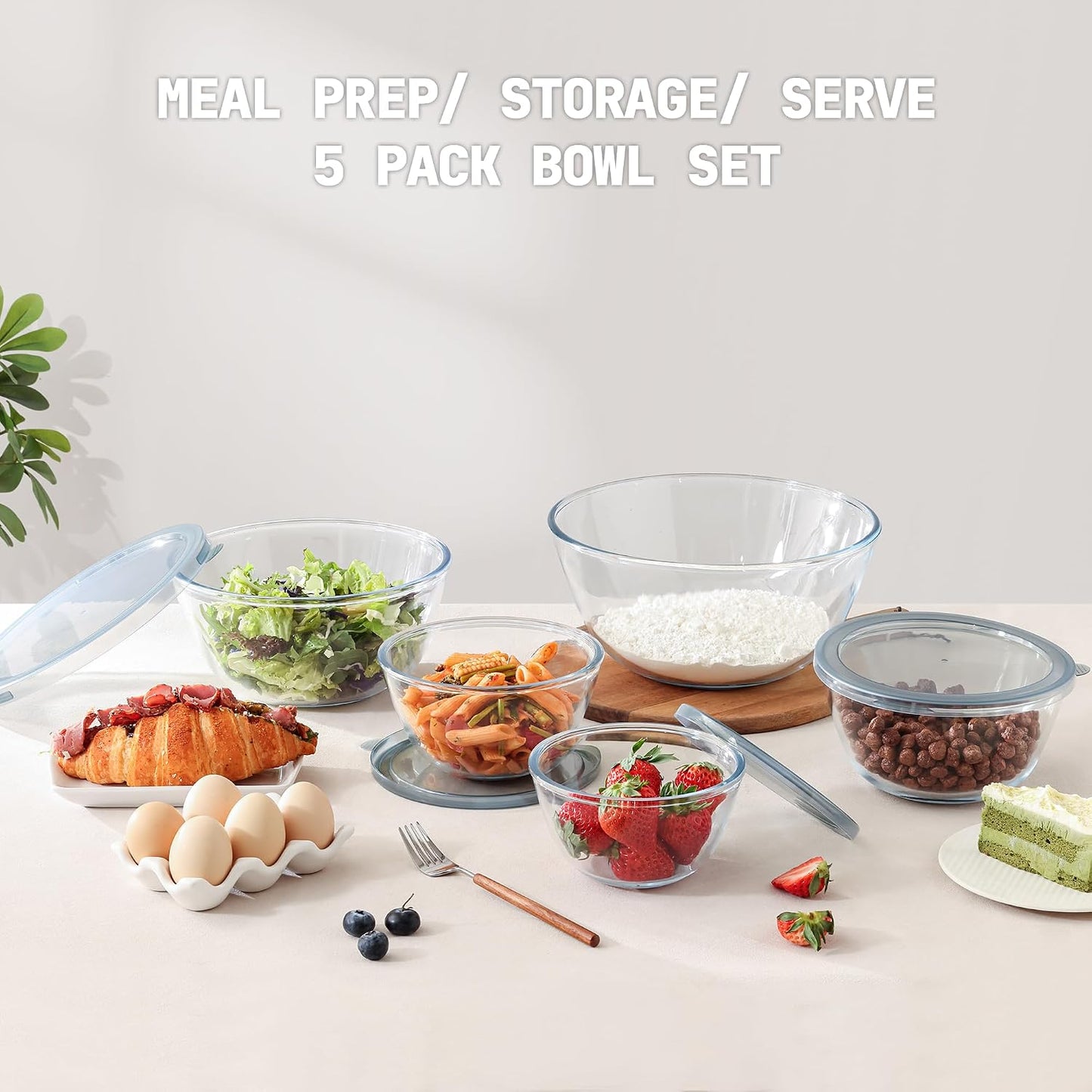 Cuiselect 5pc Glass Mixing Bowls with Lids Set (4.65QT, 2.80QT, 1.64QT, 1.16QT, 0.85QT), Nesting Salad Bowl, Large Glass Mixing Bowl for Cooking, Baking, Prepping-Dishwasher Microwave Freezer Safe