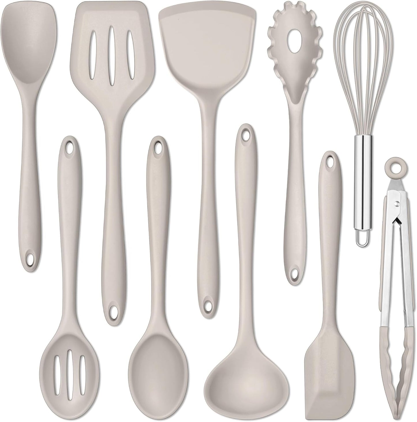 E-far 10 Pieces Silicone Cooking Utensils Set, Heat Resistant Kitchen Utensil Set for Nonstick Cookware, Kitchen Cooking Tools with Spatula, Spoon, Slotted Turner, Non-Toxic & Dishwasher Safe (Khaki)