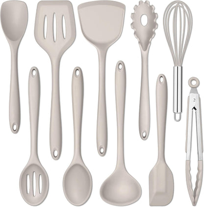 E-far 10 Pieces Silicone Cooking Utensils Set, Heat Resistant Kitchen Utensil Set for Nonstick Cookware, Kitchen Cooking Tools with Spatula, Spoon, Slotted Turner, Non-Toxic & Dishwasher Safe (Khaki)