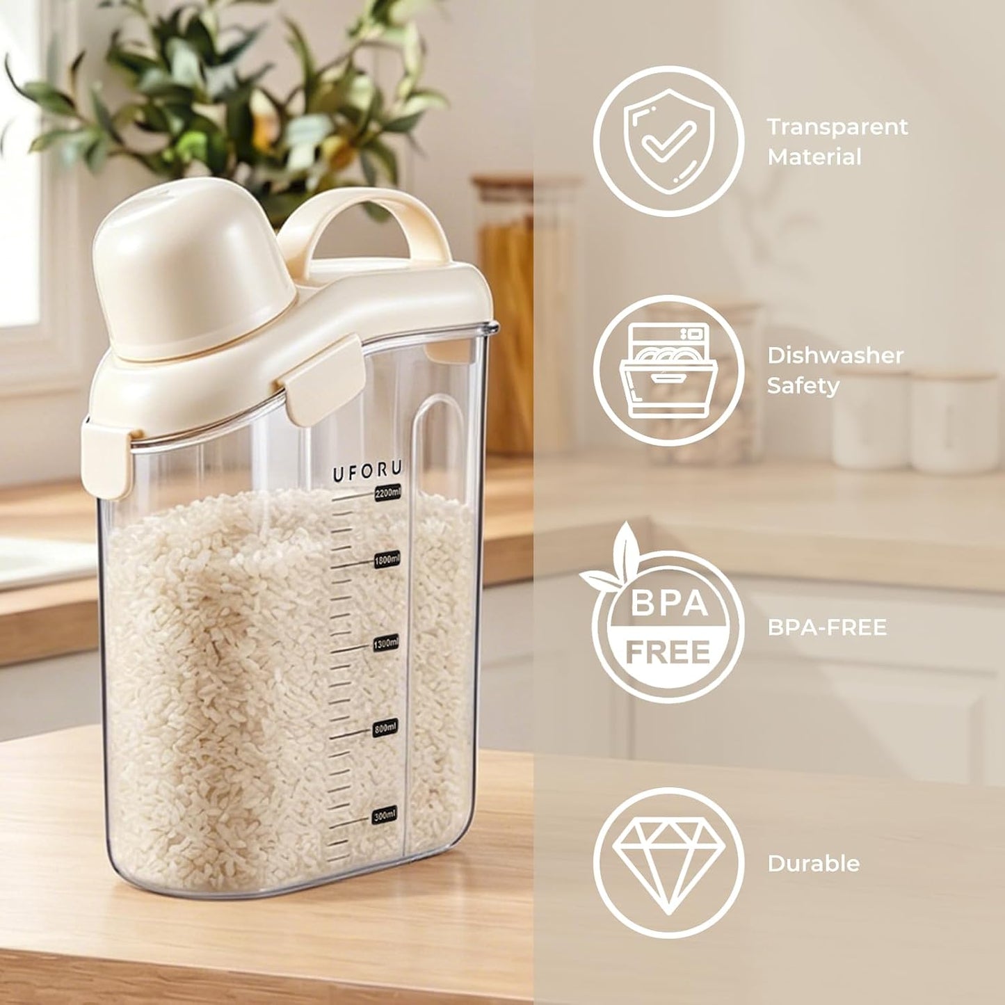 UFORU Cereal Containers Storage 2.1L, Airtight Rice Container with lids for grain, flour and beans, Pouring Spout & Handle, BPA-Free for Pet Food Storage(Cream White)