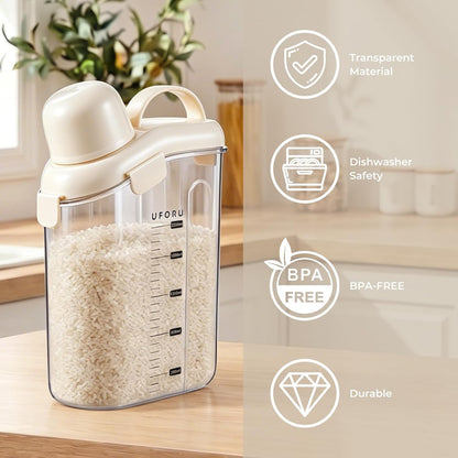 UFORU Cereal Containers Storage 2.1L, Airtight Rice Container with lids for grain, flour and beans, Pouring Spout & Handle, BPA-Free for Pet Food Storage(Cream White)