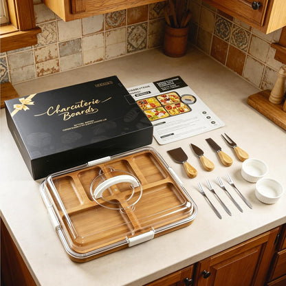 Renmxj Charcuterie Board with Lid, Carbonized Bamboo, Knives Set and Bowls