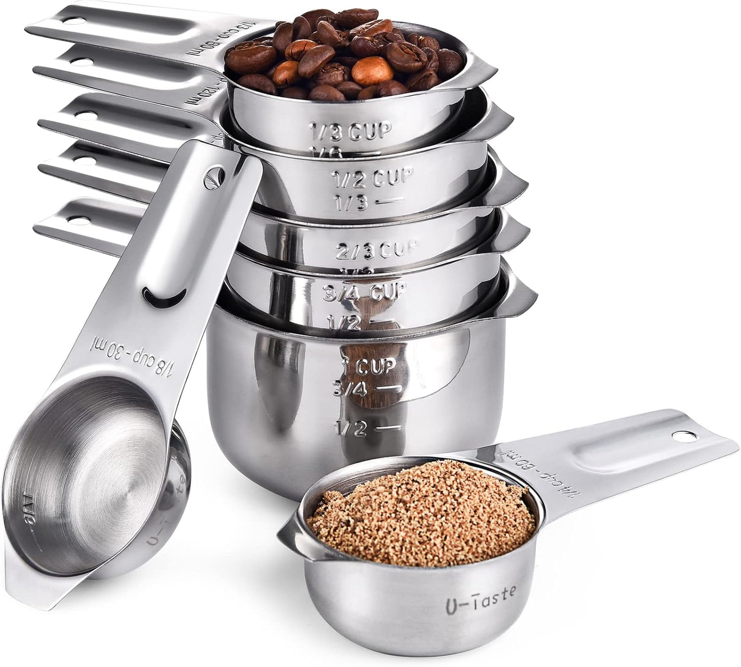 Measuring Cups, U-Taste Magnetic Measuring Cups and Spoons Set of 13 in 18/8 Stainless Steel: 7 Measuring Cups and 5 Measuring Spoons with 1 Professional Magnetic Measurement Conversion Chart