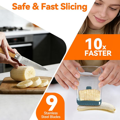 Fruit Slicer Cup for Strawberry, Banana, Hard-Boiled Egg - Detachable Cutter with Push Plate - 304 Stainless Steel Blade - Rapid & Safe Slicing Kitchen Gadget for Quick Meal Prep (Blackish green)
