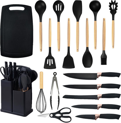 Non-Stick Silicone Cooking Utensils Set, 5 Pcs with Wooden Handle, Heat Resistant Silicone Kitchen Gadgets (Black)
