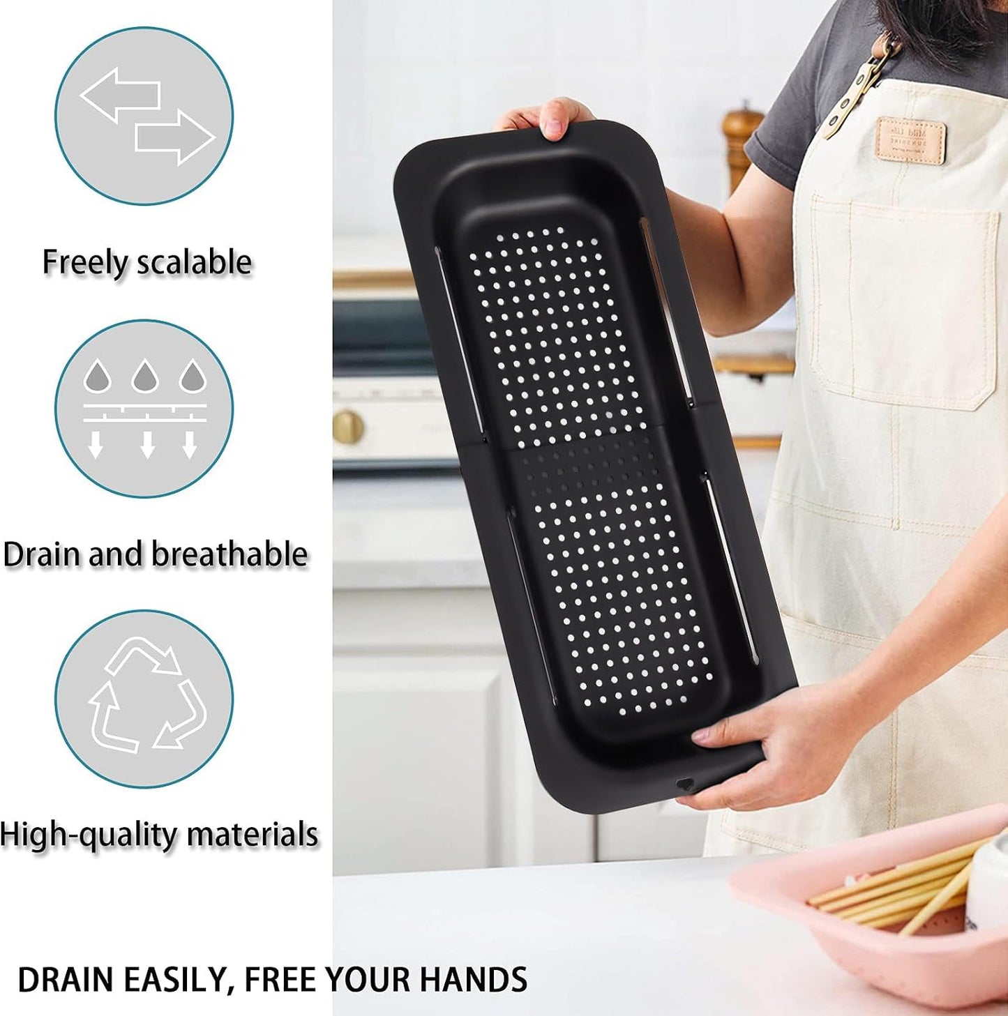 KesaPlan Collapsible Sink Colanders and Strainers Basket Over the Colander Extendable Plastic Fruit Vegetable Strainer Drainer for Kitchen(Length 14.3-19.4 inch)(Gray Set of 2)