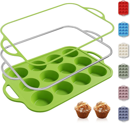2 Packs 12 Cups Silicone Muffin Pan for Baking with Metal Reinforced Frame Regular Size Cupcake Pan Tray Egg Bites Silicone Cookie Molds Muffin Tin Tart Pans Sheet Set for Oven Dishwasher Safe