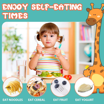 lohodo Toddler Utensils Kids Spoon and Fork Set 18/8 Stainless Steel Silverware BPA Free Pink & Purple Cute Giraffe Child Flatware with Travel Case for Age 3+