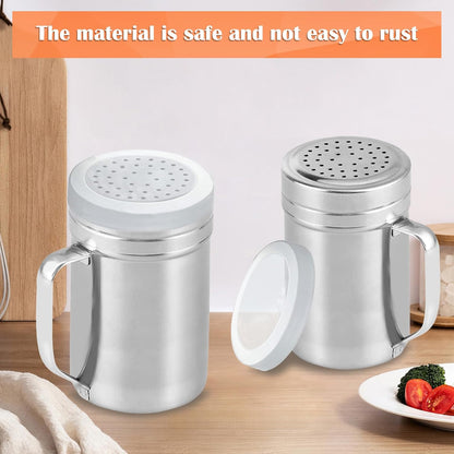 2Pcs Metal Salt Pepper Dredge Shakers, Stainless Steel Pepper Shaker Seasoning Jar With Handle, With Hole And Cover, Suitable For Pepper, Cinnamon And Coffee Spice Jars (Small-6OZ)