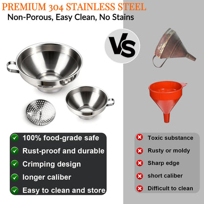 3-Piece Canning Funnel Set with Mesh Strainer - Wide & Regular Mouth Mason Jar Funnels (Large & Small) - for Kitchen, Jam, Spices, Flour & DIY - Stainless Steel