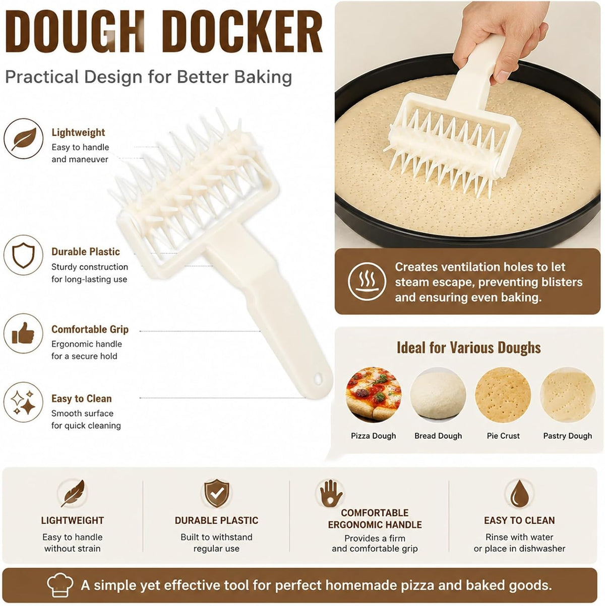 Pizza Dough Docker, Plastic Pastry Roller with Spikes, Docking Tool for Home and Kitchen