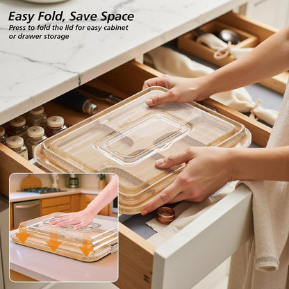 Charcuterie Boards with Foldable Lid, Portable Bamboo Cheese Board with Single Compartments, Clear Locking Lid and Handle, Easy to Store, Suitable for Picnics, Camping, Parties