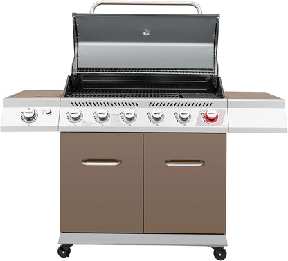 Royal Gourmet GA6402S 6-Burner Propane Gas Grill with Side Burner and Warming Rack, 74,000 BTUs, Cabinet Style Outdoor BBQ Grill for Barbecue Grilling & Backyard Cooking, Silver