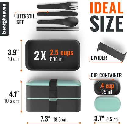 Bentoheaven Premium Bento Box Adult Lunch Box with Compartments for Women & Men, Set of Utensil & Chopsticks & Dip Container, Cute Japanese Kids Bento Lunch Box, Microwavable (Symph Onyx)