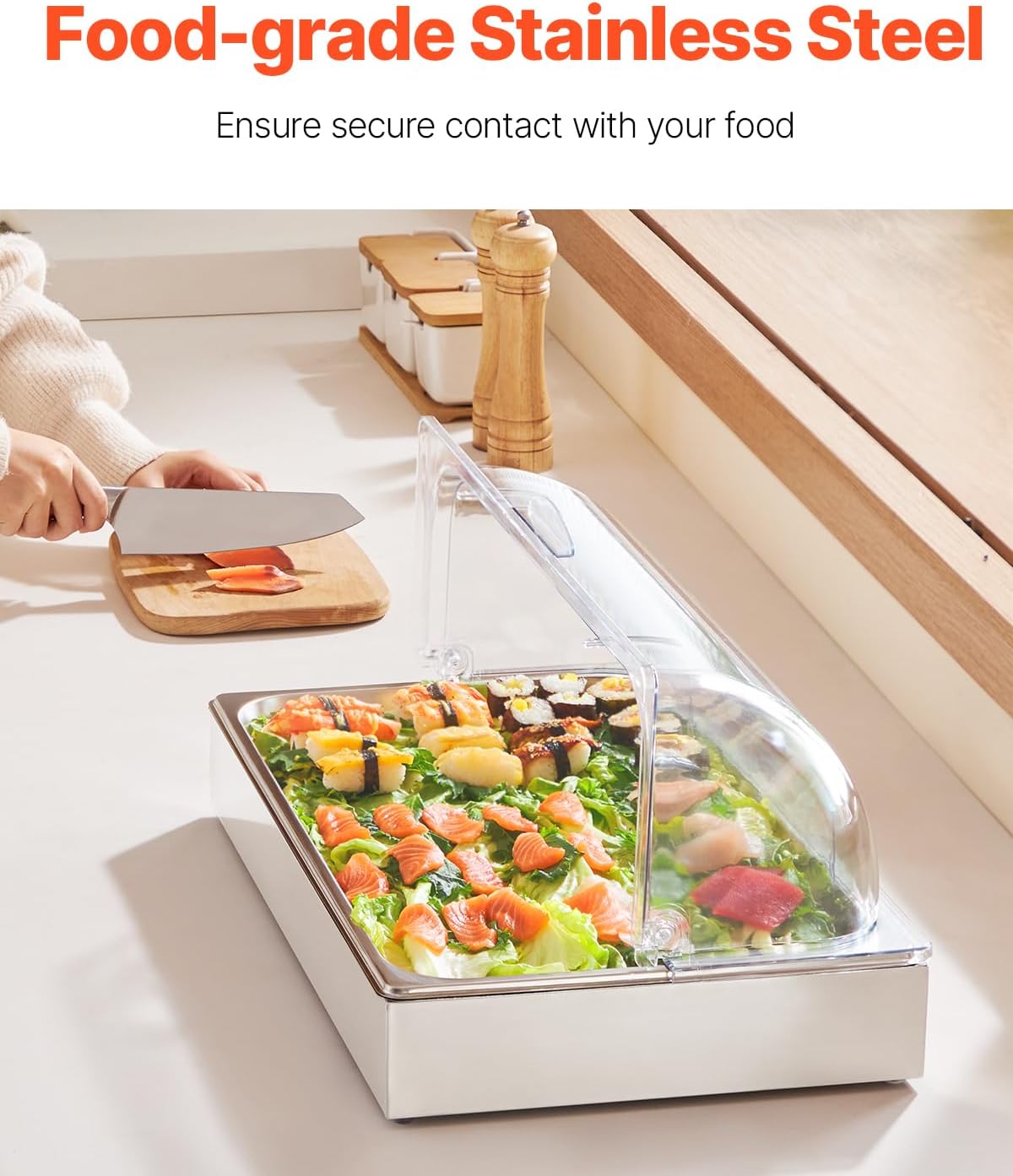 VEVOR Chilled Condiment Server Caddy, 5 Compartment Ice Cooled Serving Container, Plastic Fruit Garnish Tray Platter with Lid, for Taco Salad Bar Accessories, Party Home Restaurant Supplies