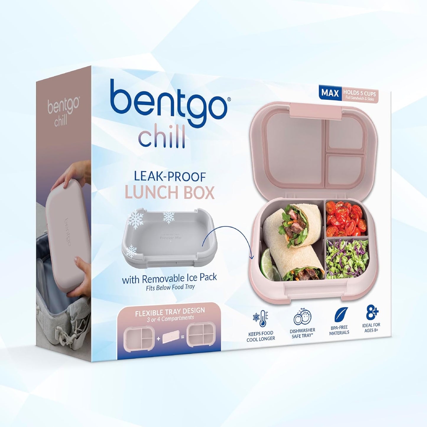 Bentgo Chill Max Leak-Proof XL Lunch Box - Included Ice Pack Keeps Food Cold; 5-Cup Capacity for Adults & Ages 8+, 3 or 4 Compartment Bento Box, BPA-Free, Dishwasher Safe (Bone & Glacier Blue)