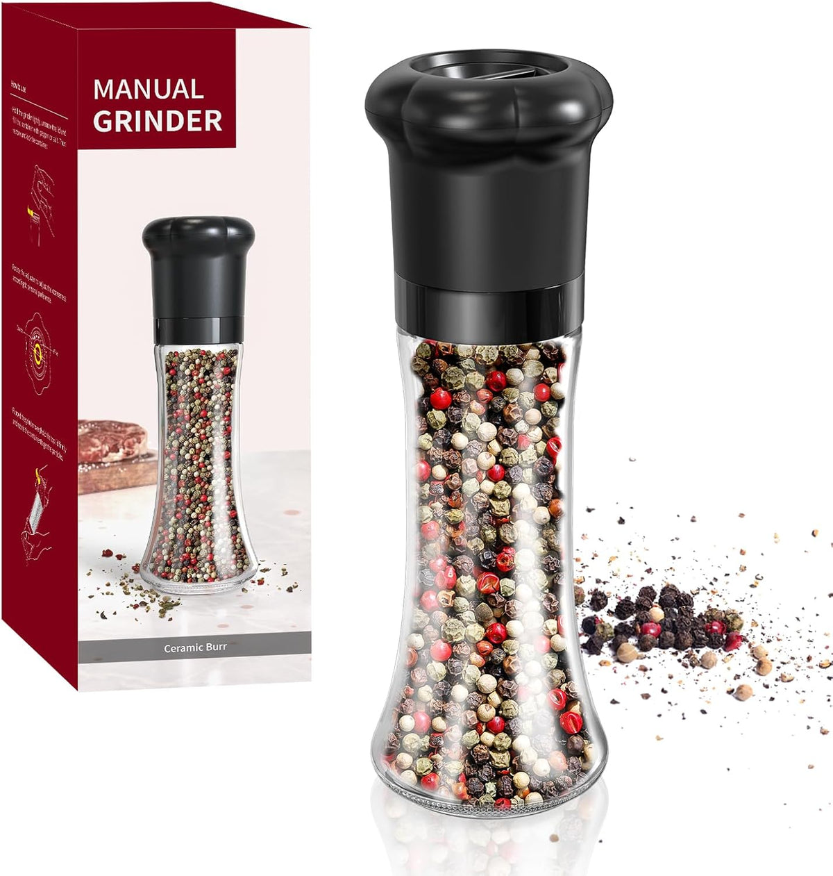 CIRCLE JOY Premium Manual Salt and Pepper Grinder Set, Refillable Salt and Pepper Shakers with Ceramic Blades, Adjustable Coarseness and BPA-free 180ml Glass Container, Tall Black White