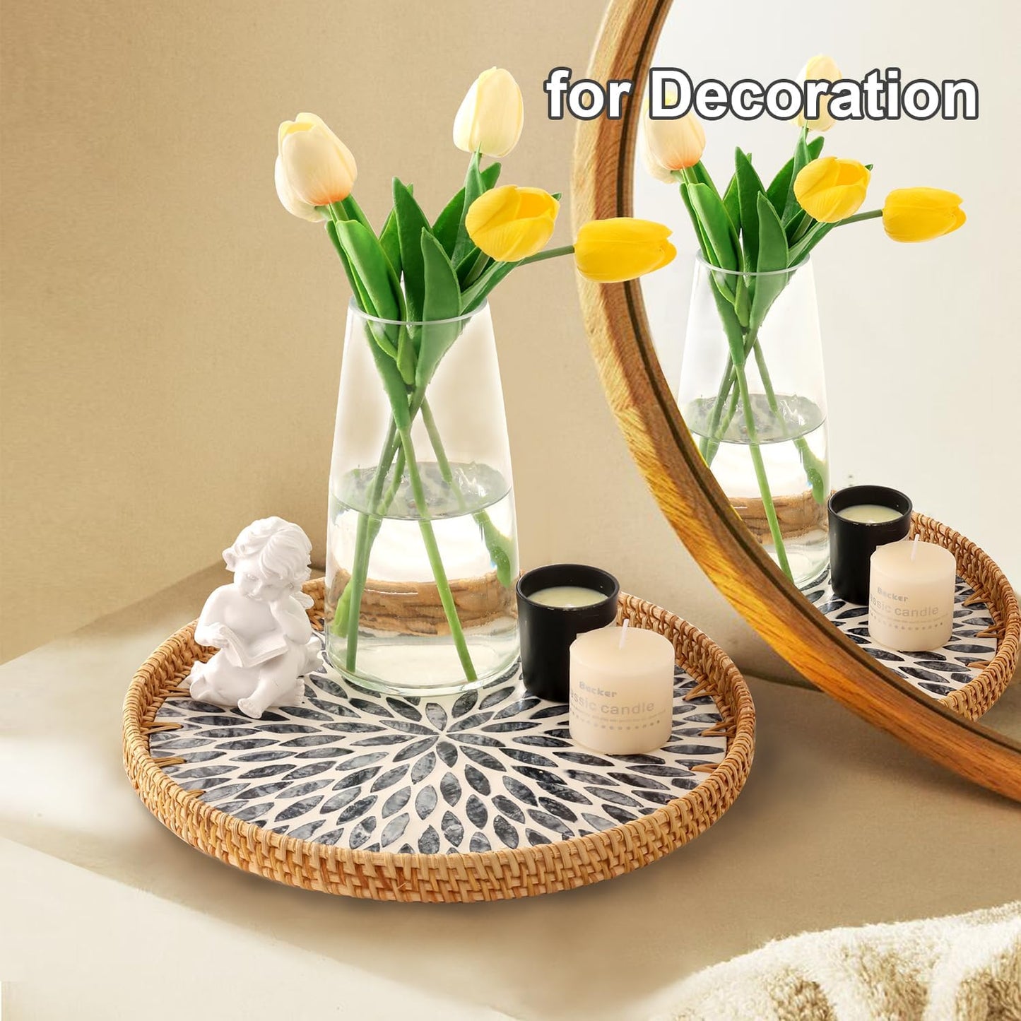Round Rattan Tray with Mother of Pearl Inlay, Rattan Serving Tray for Coffee, Bread, Fruits, Decorative Wicker Tray for Table Decor, Home Decor, Kitchen Island Decor(Black Checkerboard, 11.8")