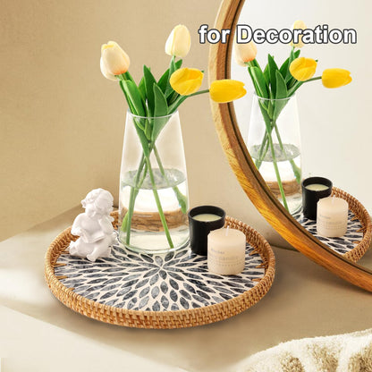 Round Rattan Tray with Mother of Pearl Inlay, Rattan Serving Tray for Coffee, Bread, Fruits, Decorative Wicker Tray for Table Decor, Home Decor, Kitchen Island Decor(Black Checkerboard, 11.8")