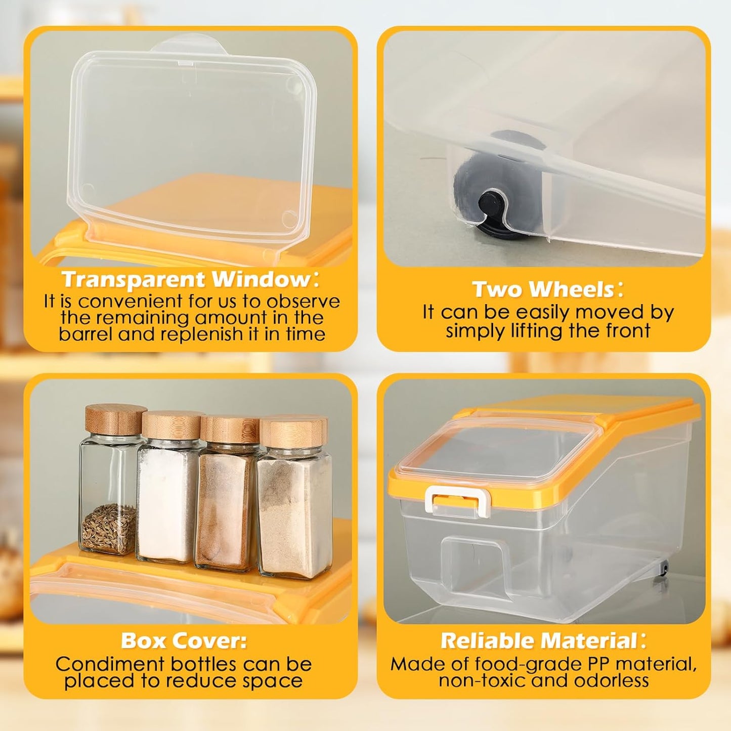 Sunnyray 4 Pcs Rice Storage Container 22 lb Airtight Flour Container with Wheels Measuring Cup Clear Pet Food Cube Dog Cat Birds Food Bin Grain Cereal Organizer Box for Dry Baking Supplies(White Lid)