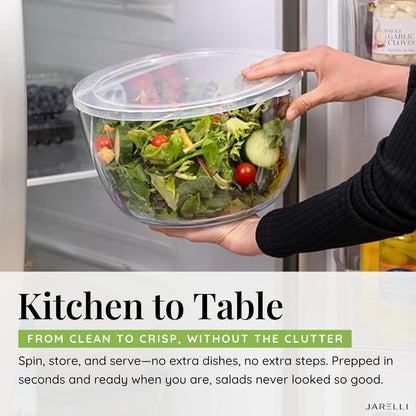 Glass Salad Spinner with Storage Lid, 6 Quart Borosilicate Bowl, Push Button Drying Lid, BPA-Free Draining Basket Doubles as Serving Bowl & Colander, Lettuce, Vegetable, & Fruit Washer