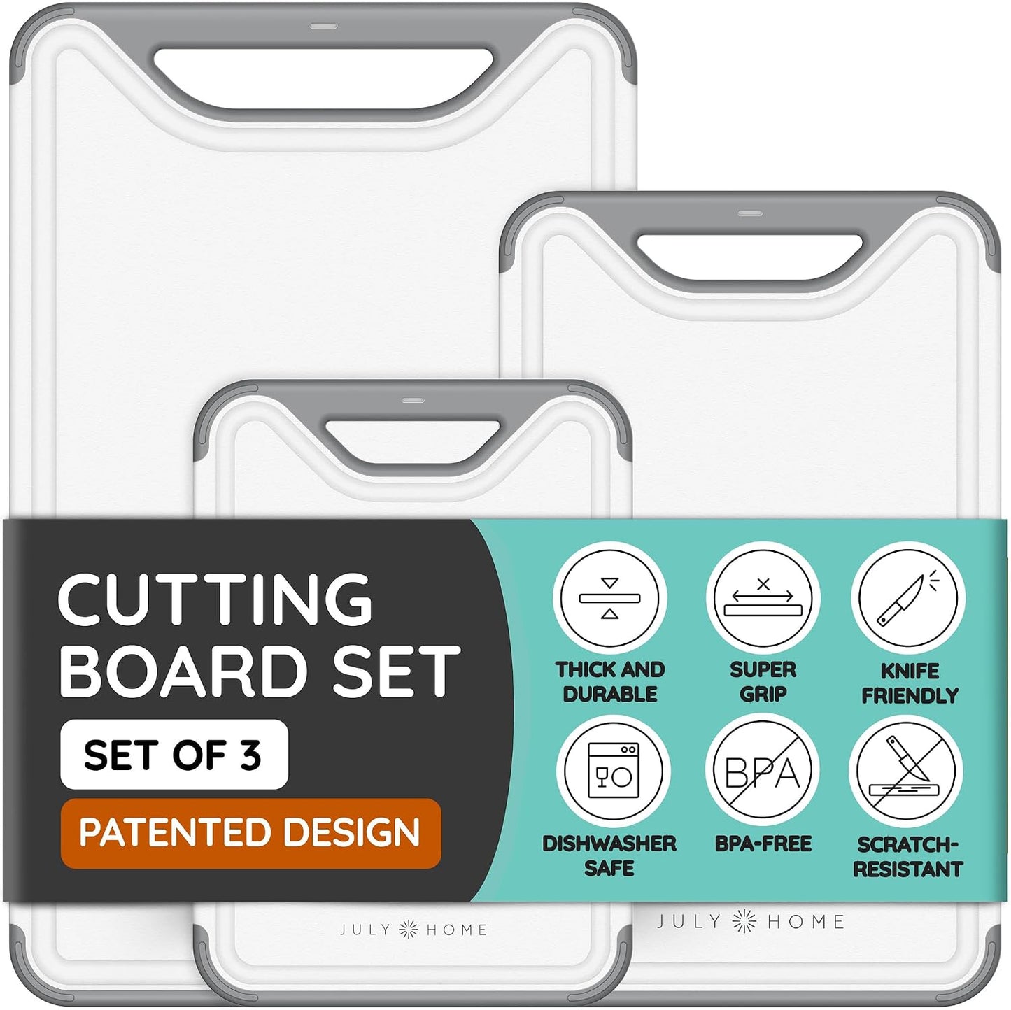 Cutting Boards for Kitchen, Plastic Cutting Board Set of 3, Dishwasher Safe Cutting Boards with Juice Grooves for Meat, Veggies, Fruits, Easy Grip Handle, Non-Slip (Black/Gray)
