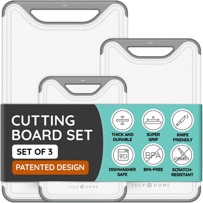 Cutting Boards for Kitchen, Plastic Cutting Board Set of 3, Dishwasher Safe Cutting Boards with Juice Grooves for Meat, Veggies, Fruits, Easy Grip Handle, Non-Slip (Black/Gray)