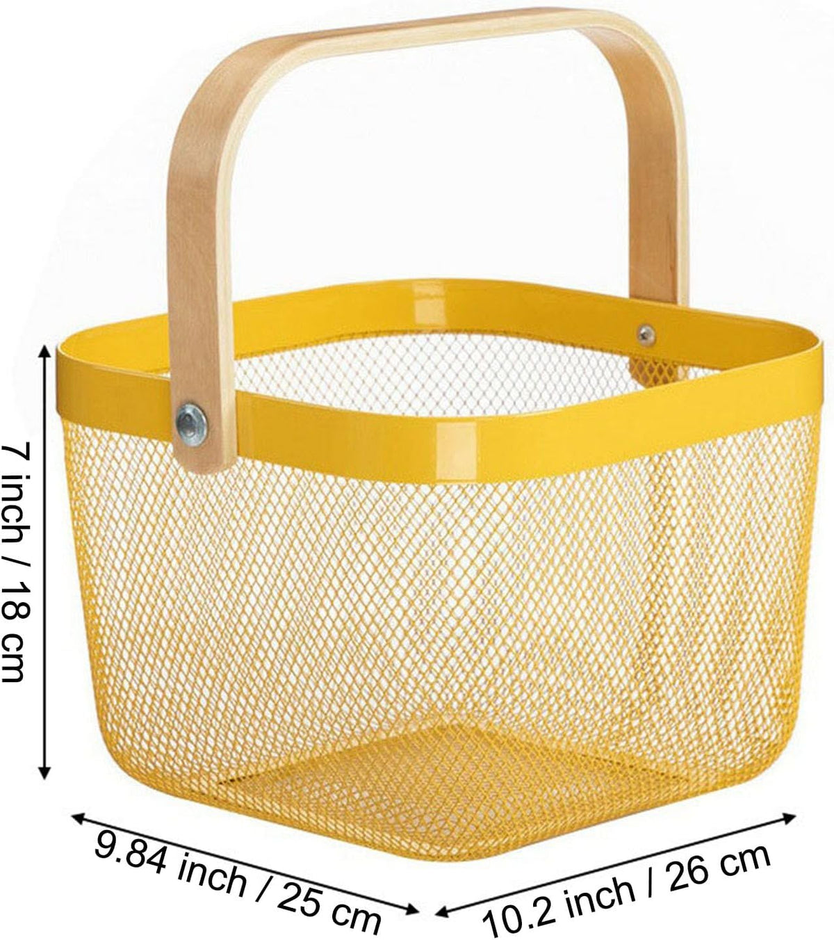 AJIODA Metal Mesh Steel Basket, Storage Organizer Basket Multi-functional Hanging Kitchen Baskets Fruit Basket Bin with Bamboo Handle for Kitchen Bathroom Picnic Shopping Decor Cabinet Home, Blue