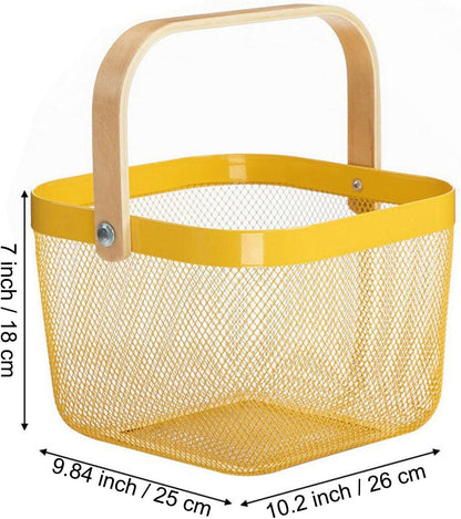 AJIODA Metal Mesh Steel Basket, Storage Organizer Basket Multi-functional Hanging Kitchen Baskets Fruit Basket Bin with Bamboo Handle for Kitchen Bathroom Picnic Shopping Decor Cabinet Home, Blue