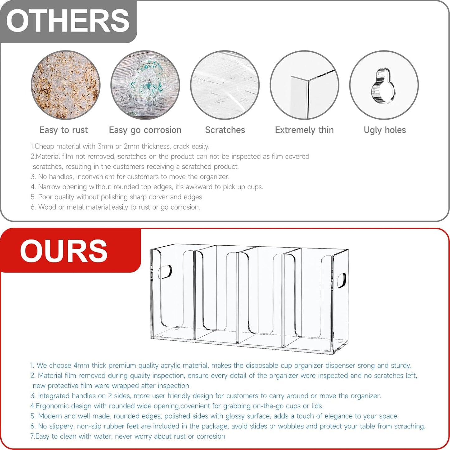 WINFFOR Disposable Cup Organizer Dispenser - 2 Compartments Clear Acrylic Cup and Lid Holder with Handles Plastic Cup Dispenser Countertop Paper Cup Holder for Coffee Bar House Party Essentials
