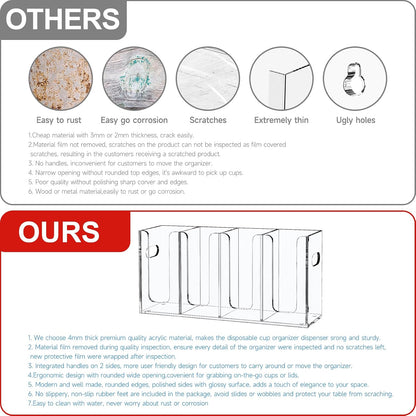 WINFFOR Disposable Cup Organizer Dispenser - 2 Compartments Clear Acrylic Cup and Lid Holder with Handles Plastic Cup Dispenser Countertop Paper Cup Holder for Coffee Bar House Party Essentials