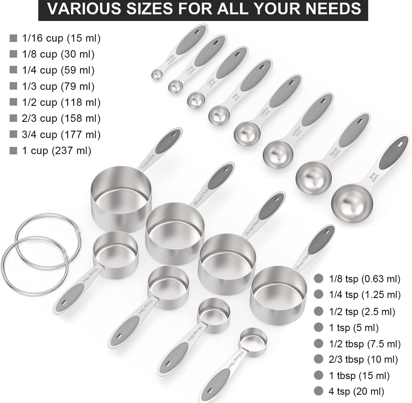 Wildone Stainless Measuring Cups and Spoons Set with Silicone Handle, 16pcs | 8 Measuring Cups and 8 Measuring Spoons, Nesting Design, Heavy Duty for Measuring Dry/Liquid Ingredients, Multicolor