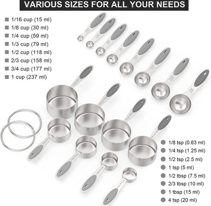 Wildone Stainless Measuring Cups and Spoons Set with Silicone Handle, 16pcs | 8 Measuring Cups and 8 Measuring Spoons, Nesting Design, Heavy Duty for Measuring Dry/Liquid Ingredients, Multicolor