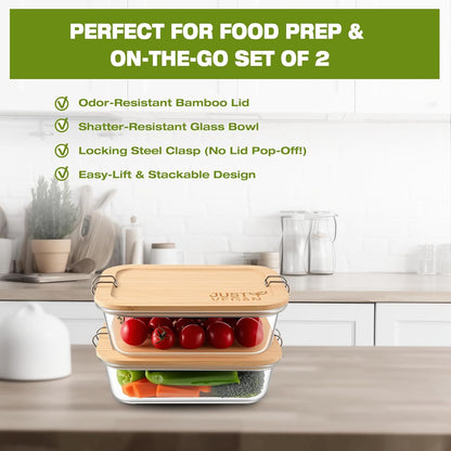 Airtight Glass Food Storage Containers with Bamboo Lids, Set of 4 Secure-Seal Containers for Meal Prep, 100% Leakproof, Plastic Free, Oven & Microwave Safe (4 Pack)