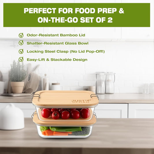 Airtight Glass Food Storage Containers with Bamboo Lids, Set of 4 Secure-Seal Containers for Meal Prep, 100% Leakproof, Plastic Free, Oven & Microwave Safe (4 Pack)