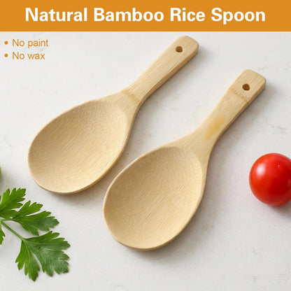 2PCS Natural Bamboo Rice Paddle Spoon, 8 Inch Wooden Spoons