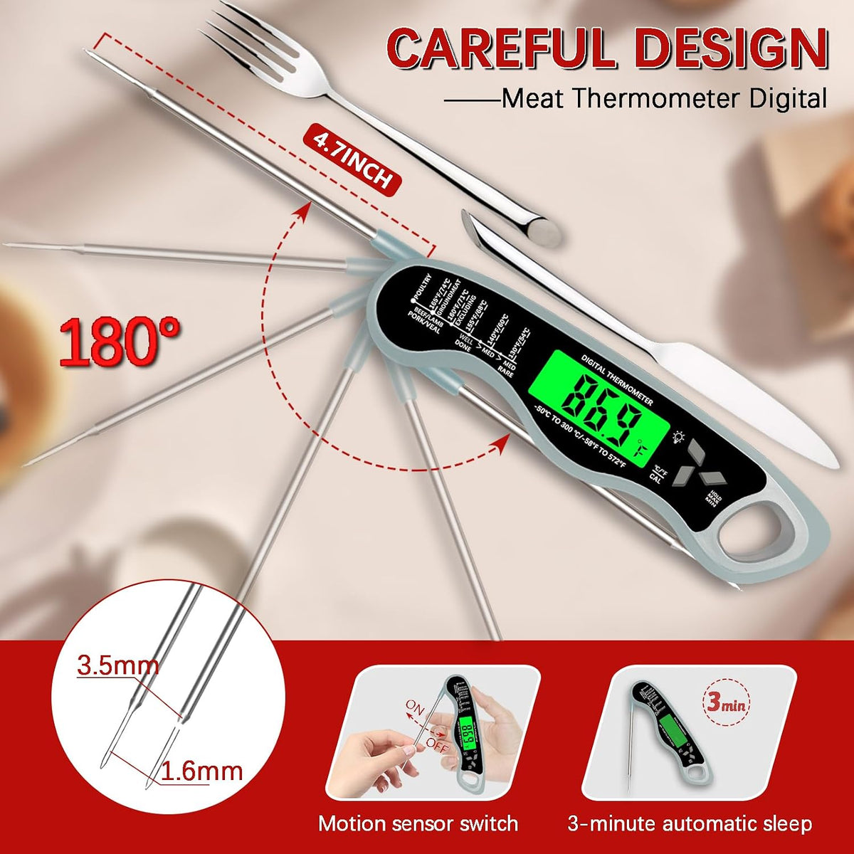 Cooking Thermometer，IP67 Waterproof Meat Thermometer Digital