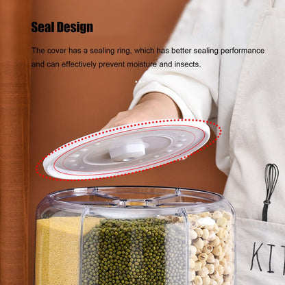 XIYAO 20Lbs Grain dispenser 360°Rotating Rice Dispenser 6 Grids Transparent Rotatable Cereal Storage Container with Sealed lid for Dry Food Beans Peanut Barley Millet Seeds
