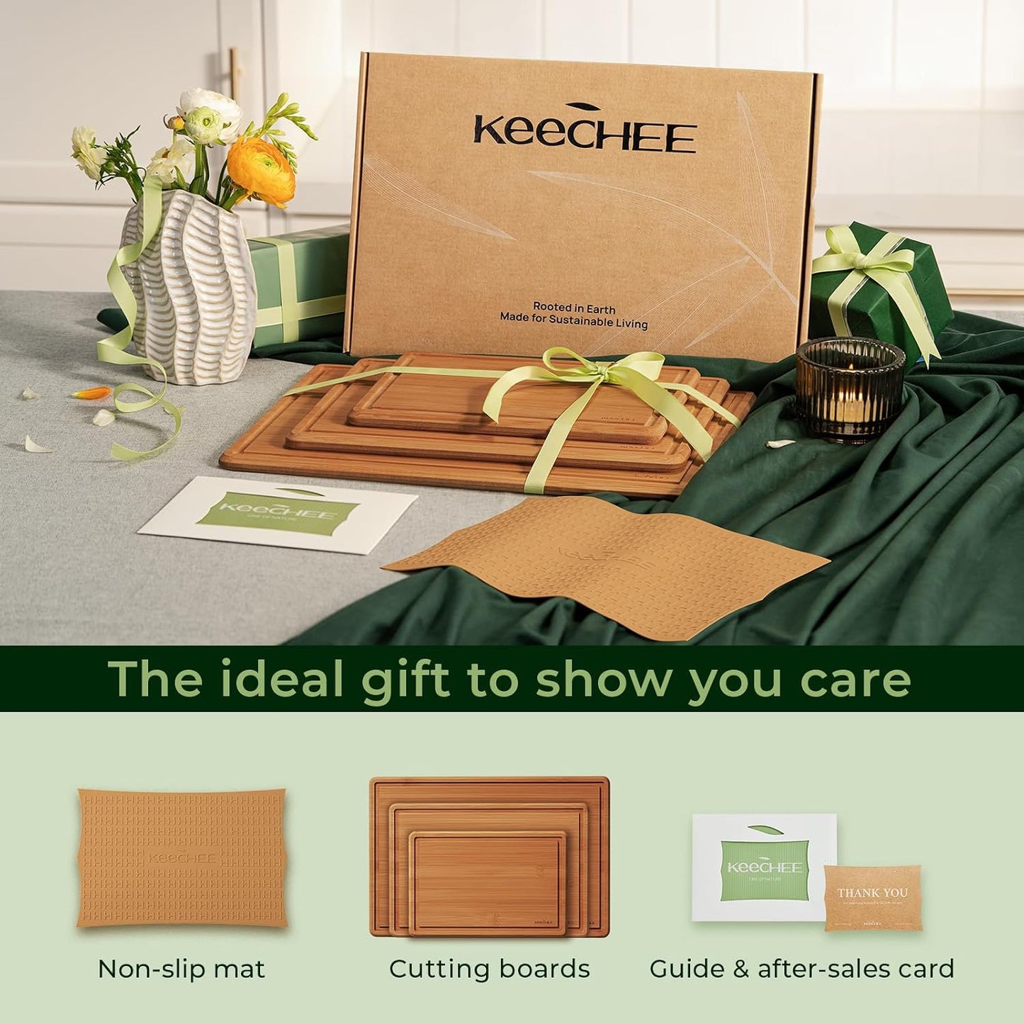 Keechee Cutting Board with Non-slip Mat, Bamboo Cutting Board for Kitchen Meal Prep & Serving - Wood Serving Board Set with Deep Juice Groove Ideal Kitchen Gifts