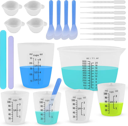 Silicone Resin Mixing Measuring Cups for Resin Supplies, 600ml/20oz Bowl, 250 & 100ml Thickened Reusable Silicone Cups for Epoxy Mixing, with Stir Sticks and Pipettes, Jewelry Making