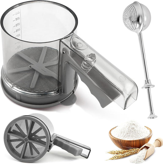 Flour Sifter Set, 2 in 1 Sifter for Baking Straight Handle & Press Double-Layer Fine Mesh Filter, Powdered Sugar Duster Set for Baking Cakes, Pastries, Pies, Cupcakes and Desserts