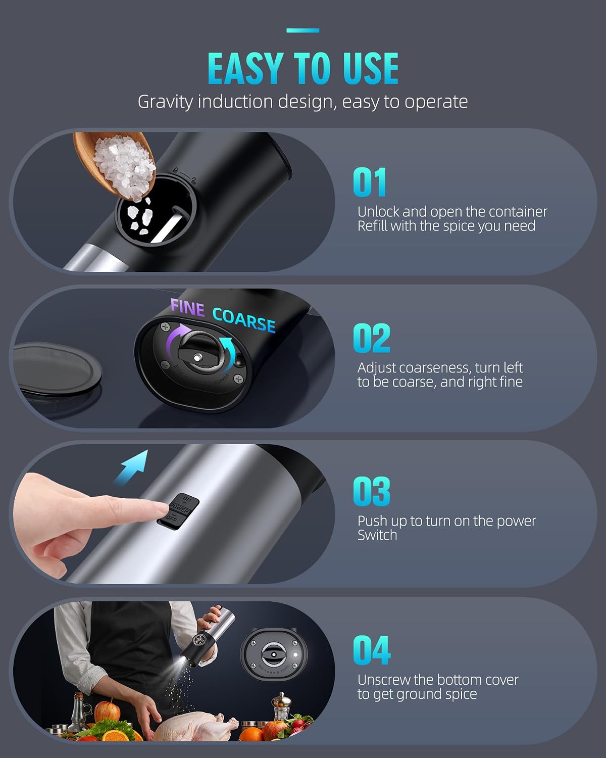 Gravity Electric Salt and Pepper Grinder Set, USB Rechargeable Automatic Salt and Pepper Grinders with Charging Base, Adjustable Coarseness, One-Handed Operation, LED Light, Stainless Steel