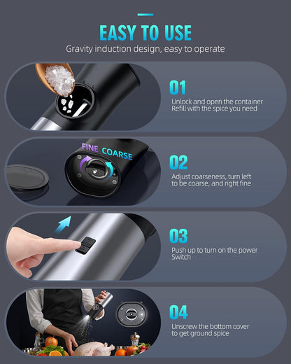 Gravity Electric Salt and Pepper Grinder Set, USB Rechargeable Automatic Salt and Pepper Grinders with Charging Base, Adjustable Coarseness, One-Handed Operation, LED Light, Stainless Steel