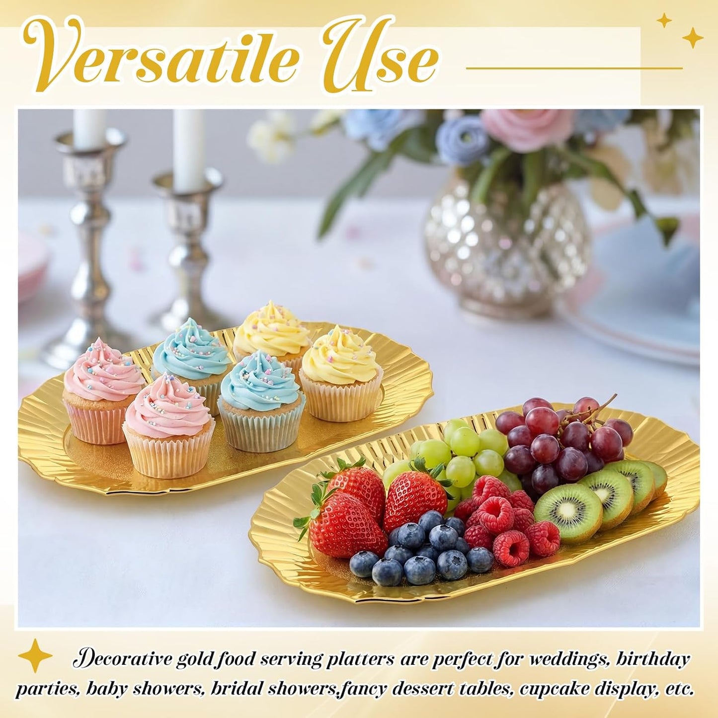 12 Pcs Gold Plastic Serving Tray Bulk, 14.5" x 8.6" Rectangle Gold Party Platters Reusable Decorative Dessert Table Serving Tray for Graduation Wedding Birthday Party Cupcake Decoration