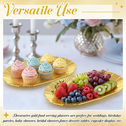 12 Pcs Gold Plastic Serving Tray Bulk, 14.5" x 8.6" Rectangle Gold Party Platters Reusable Decorative Dessert Table Serving Tray for Graduation Wedding Birthday Party Cupcake Decoration