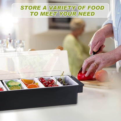 Tessco for you Garnish Tray with Lid Bar Caddy Ice Cooled Condiment Serving Container with Ice Scoop Metal Mini Serving Tongs Fruit Fork Spoons for Food Home Party Kitchen(Plastic,6 Grids)