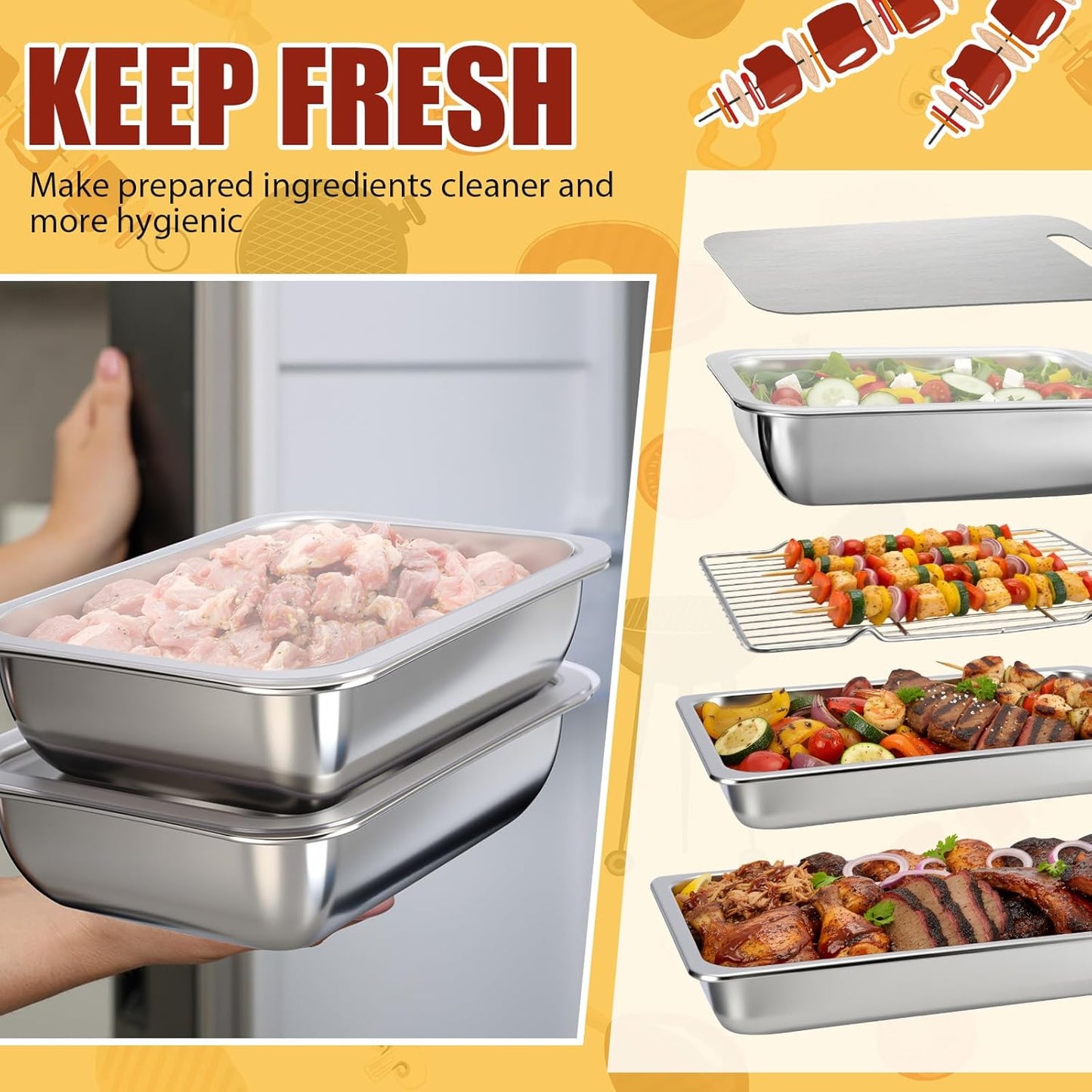 6 Pcs Grilling Prep and Serve Tray Set BBQ Stainless Steel Grill Carry System Includes Wire Rack 2 Grill Serving Trays 2 Marinating Container with Lid Cutting Board for BBQ Outdoor Grilling