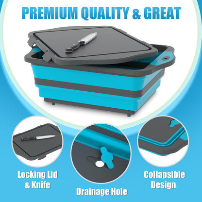 HI NINGER BBQ Prep Tub with Lid, Collapsible Camping Sink with Colander, Cutting Board & Knife Set for Grilling, Smoking & Outdoor Cooking, Collapsible Wash Basin for RV Camping Essentials