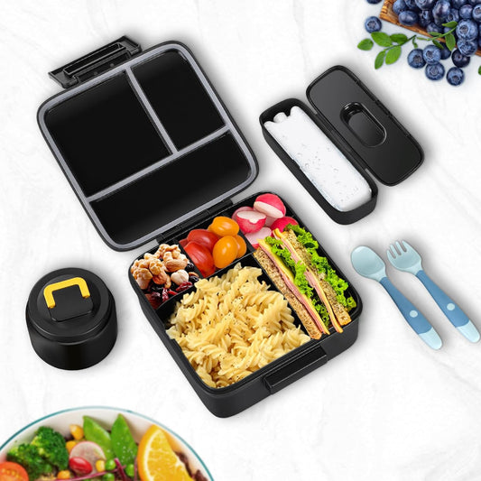 JXXM Bento Lunch Box for Kids With 8oz Soup thermo,Leak-proof Lunch Containers with 5 Compartment,thermo Food Jar and Lunch Bag, Food Containers for School (A-Blue(Extreme Locomotive))