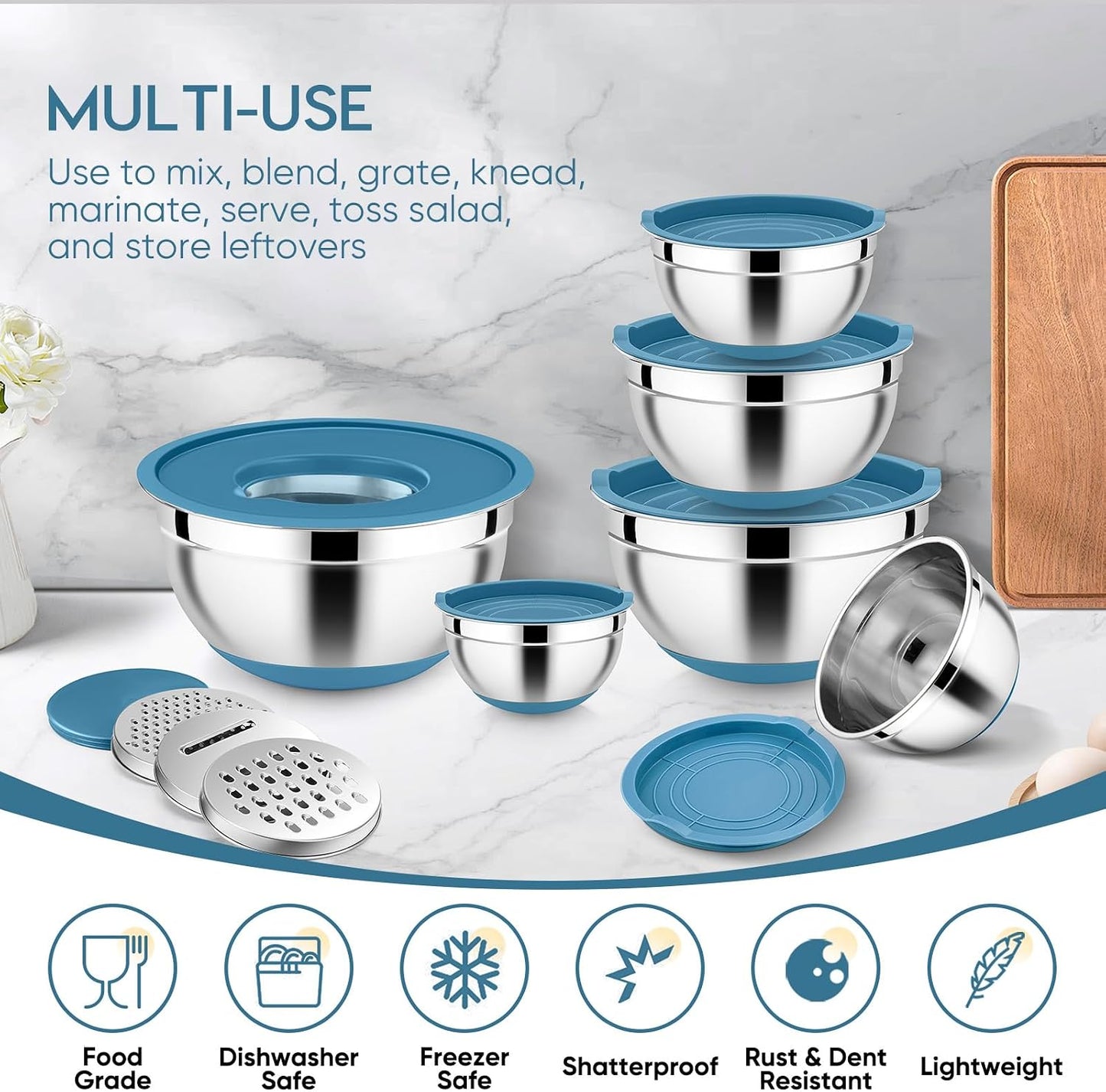 E-far 25PCS Mixing Bowls with Lid Set, Stainless Steel Nesting Prep Bowls with Grater Attachments Non-Slip Bottoms for Cooking, Serving, Food Storage, 4.6/2.6/2/1.5/1/0.7QT - Khaki